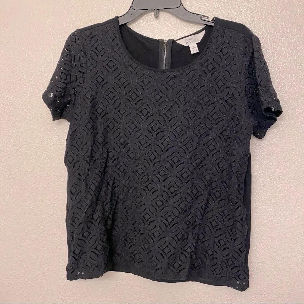 Market and Spruce black lace knit Blouse short sleeve crew zip back goth L petit